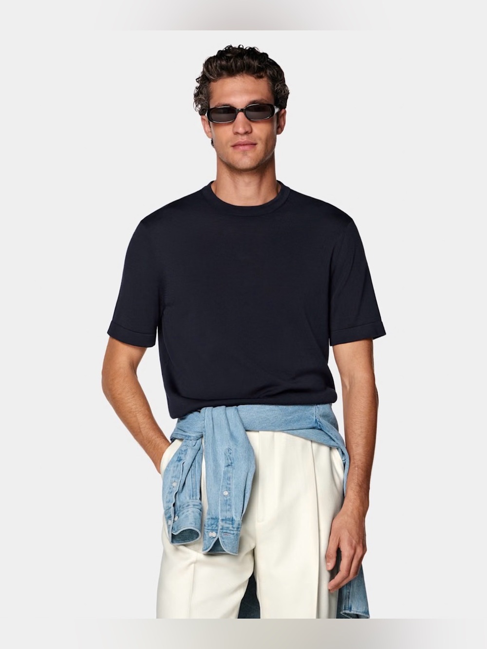 Suitsupply Short Sleeve Crewneck Cotton Silk in Navy